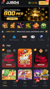 JJ804 Game home screen displaying game categories, daily rewards, and account dashboard