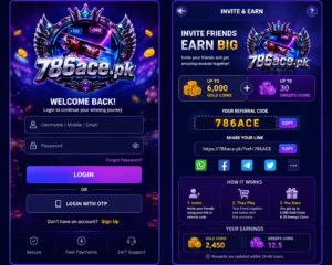 786ACE Game referral and invite page showing referral code, rewards, and friend invitation bonuses.