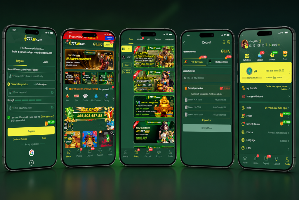 777XP Game home dashboard showing casino games jackpot and featured promotions
