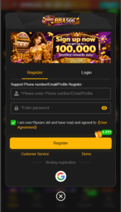 BBA566 Game login page displayed on an Android smartphone with secure sign-in interface.