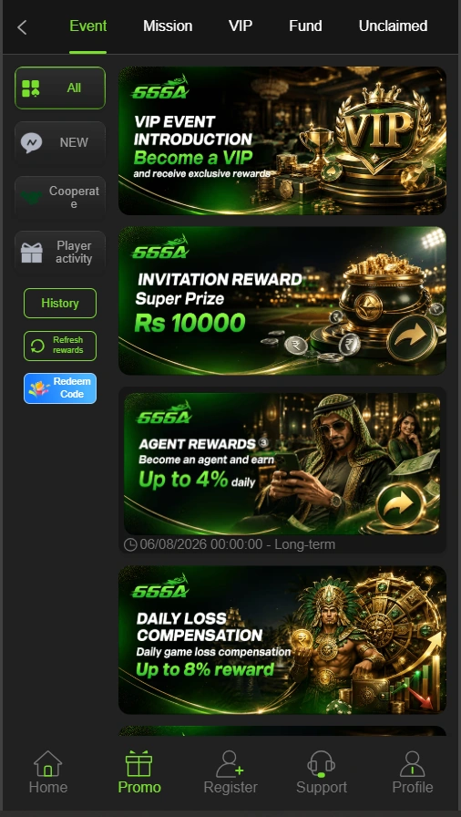 666A Casino VIP event and rewards page showing VIP bonuses, invitation rewards, agent rewards, and daily loss compensation.