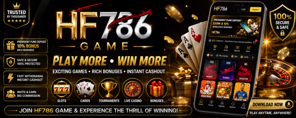 HF786 Game events page with daily rewards, missions, and promotional bonuses.