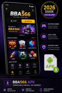 BBA566 Game Android app interface with login, game categories, APK icon, and 2026 installation guide.