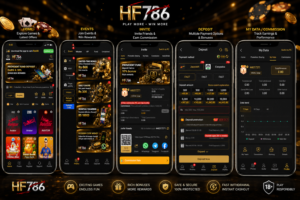 HF786 Game mobile app screenshots featuring home, events, invite, deposit, and account pages.